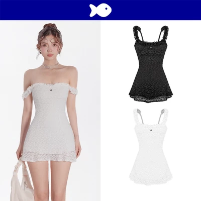 Đầm 2 dây ren hoa dáng xòe phối bèo DKMV lót thun sọc nhí mềm mại đính logo cá inox xinh xắn Mira Dress | K-D35