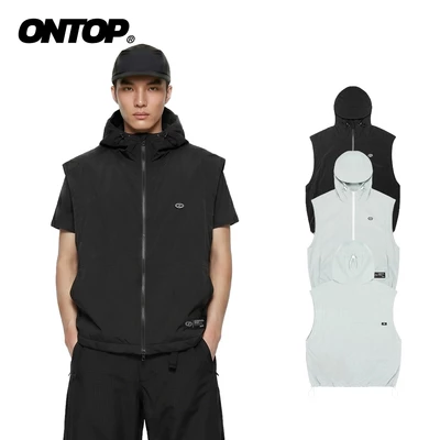 Áo gile nam vải dù hai lớp ONTOP màu đen và xám có mũ Nylon Hooded Vest | O-AK1