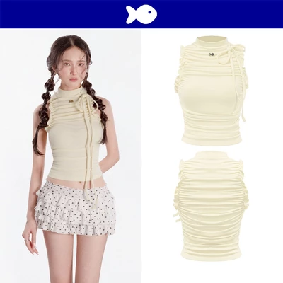 Áo croptop ôm ba lỗ cổ cao DKMV phối viền bèo thiết kế nhún thân thắt nơ vai đáng yêu màu vàng bơ Kansai Top | K-T19-V