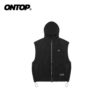 Áo gile vải dù gió có mũ ONTOP màu đen 2 lớp phối lưới có túi trong kèm dây rút Mesh-Panel Hooded | O-AK17