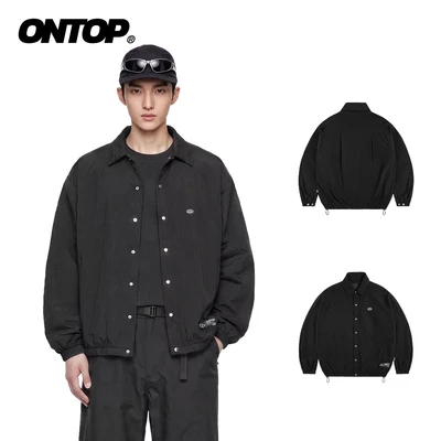 Áo sơ mi vải dù nhăn 2 lớp ONTOP cổ bẻ, màu đen có túi trong Windbreaker Shirt | O-AK11