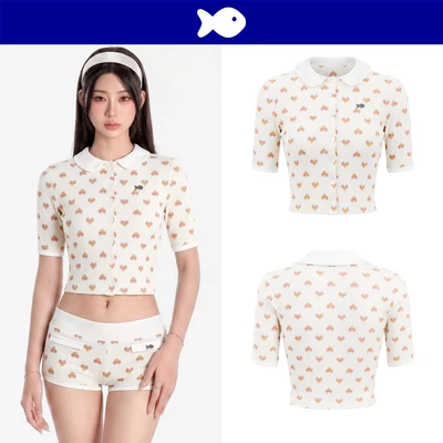 Áo croptop nữ dáng cổ sen điệu đà DKMV tay lửng hoạ tiết trái tim nhiều màu thun len kem logo cá Lois Set | K-SET25-T-H