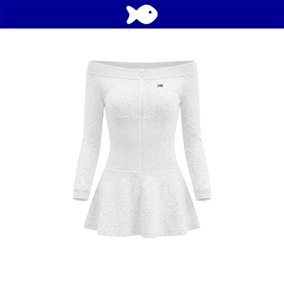 Đầm trễ vai dáng ngắn xoè dài tay DKMV khoá kéo kim loại phối eo bo chun bản lớn ôm màu xám Jinx Dress | K-D55-XN