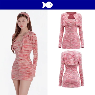 Set đầm cúp ngực phối áo khoác croptop DKMV kèm băng đô tóc chất len lông thỏ màu hồng loang Madria Dress | K-SET27