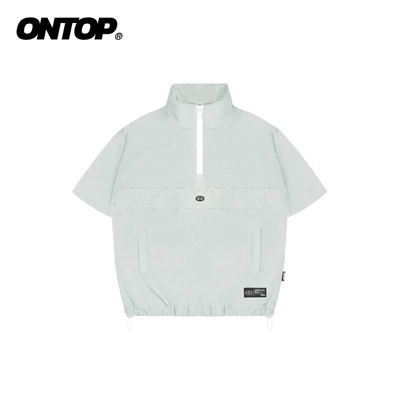 Áo dù ngắn tay nữ cổ trụ ONTOP dù nhăn 2 lớp màu xám, có dây rút Half-Zip Anorak Shirt | O-T11-X