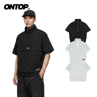 Áo gió ngắn tay nam cổ trụ ONTOP dù nhăn 2 lớp màu đen, có dây rút Half-Zip Anorak Shirt | O-T11