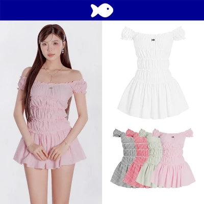 Váy trễ vai nữ kiểu tay bồng DKMV họa tiết sọc hồng, xanh bơ kèm quần bí logo inox form chữ A Sugarplum Dress |K-D10