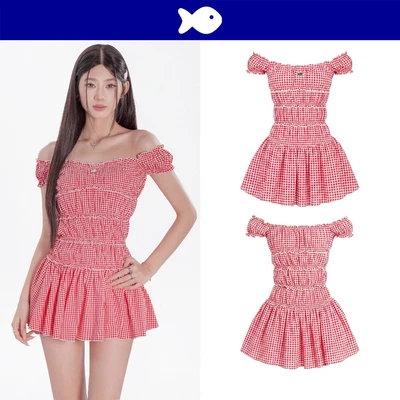 Đầm xòe trễ vai dáng ngắn tay bồng DKMV thiết kế thân bo chun hoạ tiết caro màu đỏ nổi bật Sugarplum Dress | K-D10-CRDO