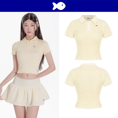 Áo nữ ôm cổ bẻ thân nhún chun co giãn DKMV form tay ngắn croptop đính logo cá inox màu vàng Brit Top | K-T49-V