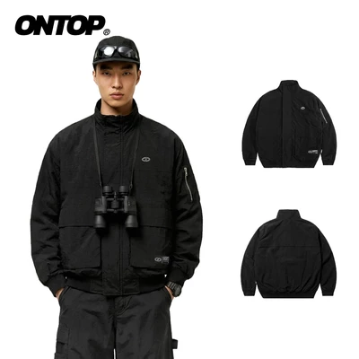 Áo khoác cổ đứng nam vải dù nhăn ONTOP 2 lớp dày dặn, lót lưới có túi trong Tactical Bomber Jacket | O-AK10