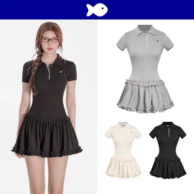 Váy polo nữ dáng xòe kiểu viền bèo DKMV phối ren đáng yêu màu xám logo inox Cá tay ngắn tôn dáng Bomie Dress| K-D22