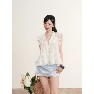KIDO - Áo babydoll cổ V phối bèo NANCY TOP