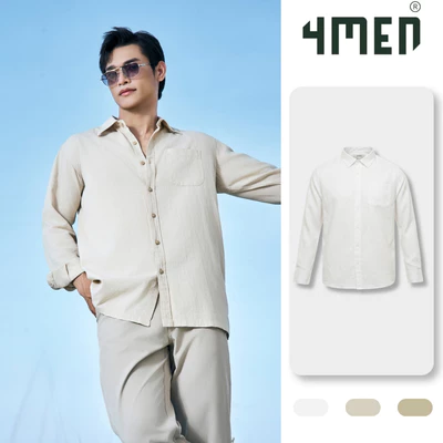 Áo Sơ Mi Linen 4MEN Thêu Logo Cánh Buồm Phía Sau SM208 Basic, Form Relaxed Công Sở, Lịch Sự