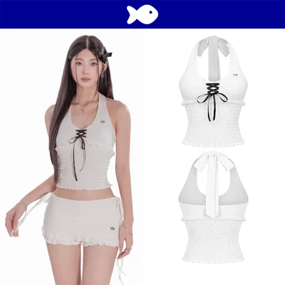 Áo cổ yếm buộc dây nhún chun eo DKMV thiết kế hở lưng ngực đan dây ruy băng nơ logo cá màu trắng Raine Top | K-T58-T