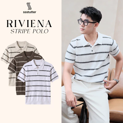Áo Polo Nam SSSTUTTER Riviera Stripe Polo Chất Liệu Dệt Kim Mềm Mại Thoáng Mát Cao Cấp