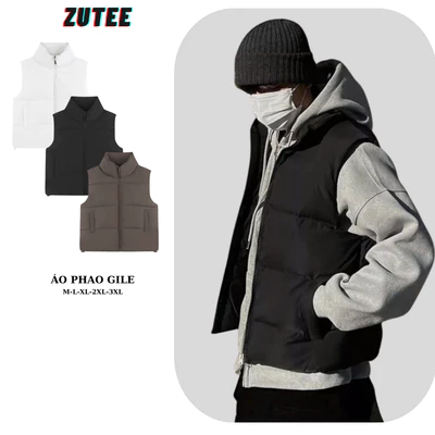 Áo phao gile nam nữ có túi sườn form rộng ZUTEE, Áo khoác phao cổ cao 3 lỗ