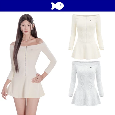 Đầm trễ vai nữ dáng ngắn xòe DKMV tay dài thiết kế phối khóa kéo kim loại bo chun eo điệu đà ôm dáng Jinx Dress | K-D55