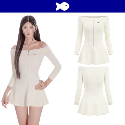 Đầm ngắn trễ vai form xòe tay dài DKMV eo bo chun phối khoá kéo kim loại nổi bật ôm màu vàng nhạt Jinx Dress | K-D55-VN