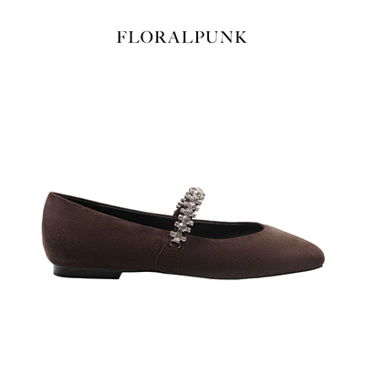 [NEW] Giày Búp Bê Floralpunk Diana Ballerina Flats - Suede Brown - chất liệu da lộn kèm quai đá trang trí