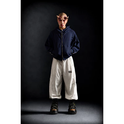 Hoodie Zip Màu Xanh Navy UMS Vải Nỉ Họa Tiết Sọc Thể Thao Thời Trang Unisex Crop Form Boxy