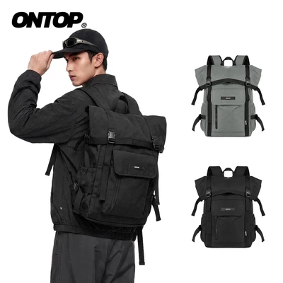 Balo local brand nắp gập ONTOP nam nữ canvas màu đen, xám nhiều ngăn, đựng vừa laptop 17inches Fold | O-P27