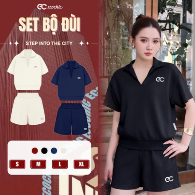 (LINK SALE) Set Bộ Đùi ECOCHIC B227 Áo cổ V Polo From Rộng Logo Thêu Quần Ngắn Cạp Chun Chất Liệu Cao Cấp Chính Hãng