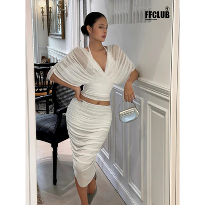 FFCLUB Áo lưới Cổ V Tay Dơi cách điệu Kèm Chân váy ôm form Lửng PEARL
