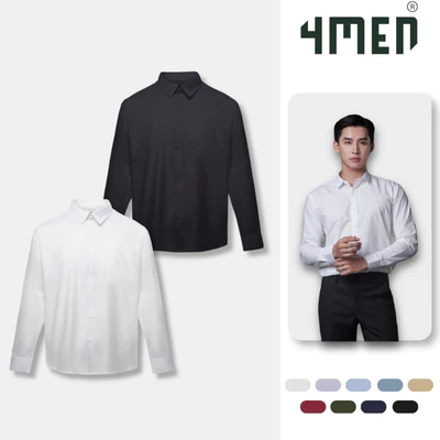 COMBO 2 Áo sơ mi nam tay dài trơn đẹp 4MEN SM088 lụa chéo hạn chế nhăn, mềm mịn, form tailored rộng công sở trẻ trung
