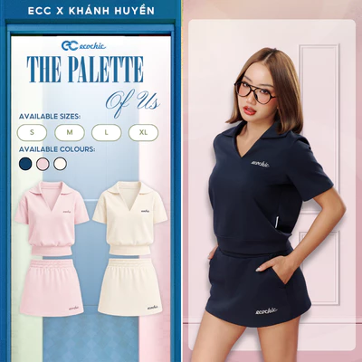Set Chân Váy ECOCHIC B247 Áo Cổ V Polo Chân Váy Thun Cạp Chun Logo Thêu Chất Liệu Cao Cấp Mềm Mịn