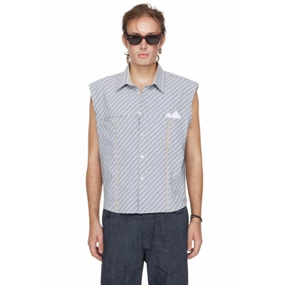 Áo Sơ Mi Nam Không Tay Kẻ Sọc Chéo Màu Xanh - BEUTER® MS RELAXED SLEEVELESS DIAGONAL STRIPED SHIRT - BLUE