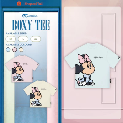Áo Phông Boxy ECOCHIC TS031 Hình In Minnie Mouse Nơ Hồng Dễ Thương Chính Hãng Bản Quyền Disney