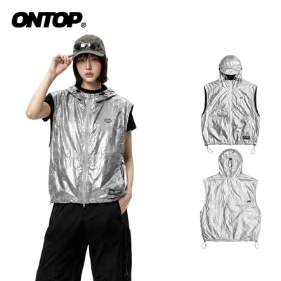 Áo khoác gile có mũ vải dù ONTOP màu xám 2 lớp có túi trong kèm dây rút Nylon Hooded Vest | O-AK16