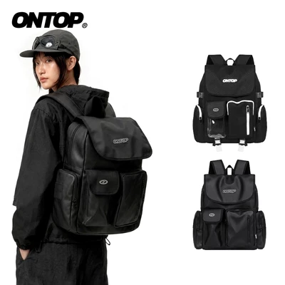 Balo nắp gập da và canvas đi học ONTOP nam nữ nhiều ngăn đen trơn đựng laptop local brand Renew Backpack | O-P024&O-P56