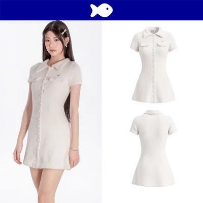 Đầm ngắn nữ cổ polo form chữ A DKMV sẵn quần bảo hộ chất len lông thỏ cài cúc dọc thân màu trắng Cleo Dress | K-D62-T