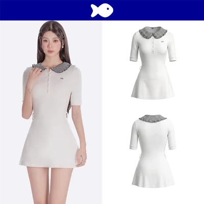 Đầm thun nữ dáng ngắn xòe nhẹ DKMV thiết kế cổ peter pan bèo nhún caro tay lửng màu trắng Catalina Dress | K-D70-T