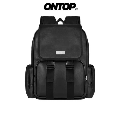 Balo da đen trơn nam nữ ONTOP chống nước nhiều ngăn đựng laptop local brand Big Buckle Backpack | O-P33