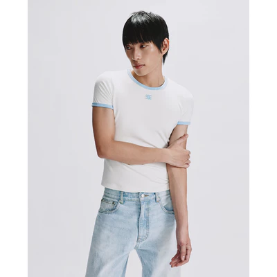 Eleven - Áo Thun Unisex Viền Tương Phản Thêu Mono | Màu Trắng Viền Xanh