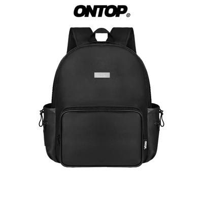 Balo da đen trơn đi học nam nữ ONTOP chống nước nhiều ngăn đựng laptop 14.3 inches Zippered Backpack | O-P32