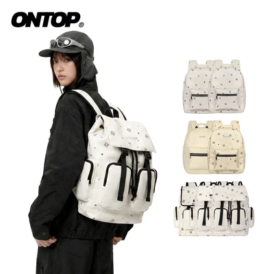 Balo da họa tiết màu kem monogram ONTOP chống nước, nhiều ngăn đi học | Cặp Level O-P10_O-P26