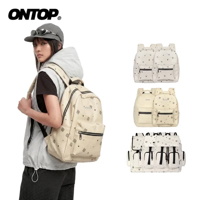 Balo da họa tiết màu kem monogram ONTOP chống nước, nhiều ngăn đi học Level Backpack