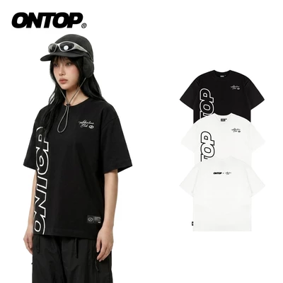Áo thun cổ tròn nam nữ in chữ basic ONTOP vải cotton thoáng mát màu đen, trắng local brand Elongation Tee | O-T9
