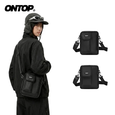 Túi đeo chéo đen nhiều ngăn nam nữ ONTOP vải canvas và da kháng nước đựng vừa khổ A5 local brand |O-B43 & O-B45