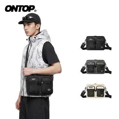 Túi đeo chéo nhiều ngăn phối lưới ONTOP vải canvas màu đen, xám, kem đựng vừa khổ A5 Mesh Double Pocket | O-B60