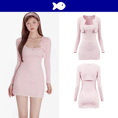 Set đầm thun 2 dây kiểu nữ DKMV chấm bi co giãn viền ren có kèm khoác ôm tôn dáng màu hồng Montana Dress | K-D77-H