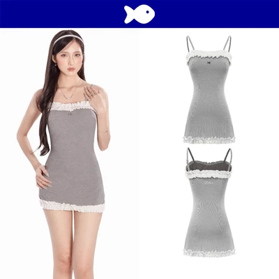 Đầm 2 dây ngắn phối viền trắng bèo DKMV dáng ôm form chữ A màu xám thiết kế logo Cá đáng yêu Lolita Dress| K-D9-X