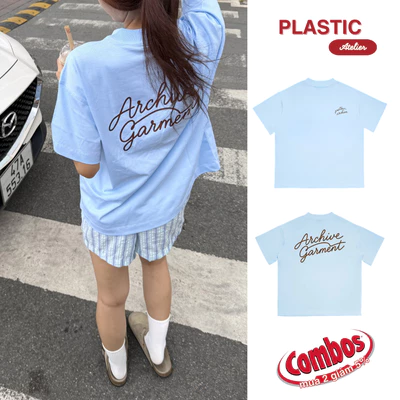 Áo thun xanh dương nhạt oversized boxy, áo thun local "Archive" 250gsm Cổ Tròn Unisex Nam Nữ Basic