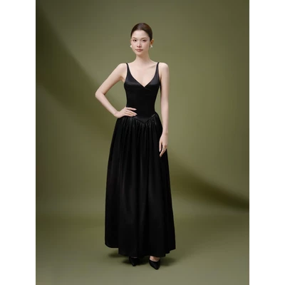 RUBIES Ophelia Dress - Đầm Dài Nữ Vải Lụa Satin Dáng Tùng Xòe 2 Dây Cổ Tim V