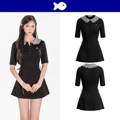 Đầm nữ dáng ngắn cổ bèo nhún caro DKMV phối logo cá inox đáng yêu tay lửng xòe nhẹ màu đen Catalina Dress | K-D70-D