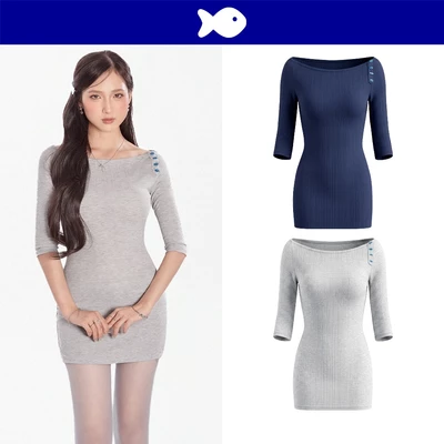 Đầm cổ thuyền kiểu nữ ôm dáng tay lửng DKMV đính hàng nút cá bên vai đáng yêu thun gân co giãn Armani Dress | K-D73