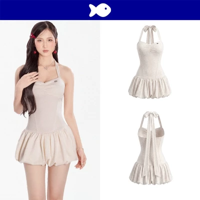 Đầm bí phồng nữ cổ yếm ôm dáng DKMV sẵn quần bảo hộ dây cổ buộc nơ nhún vải giữa ngực màu kem Hepburn Dress | K-D53-K